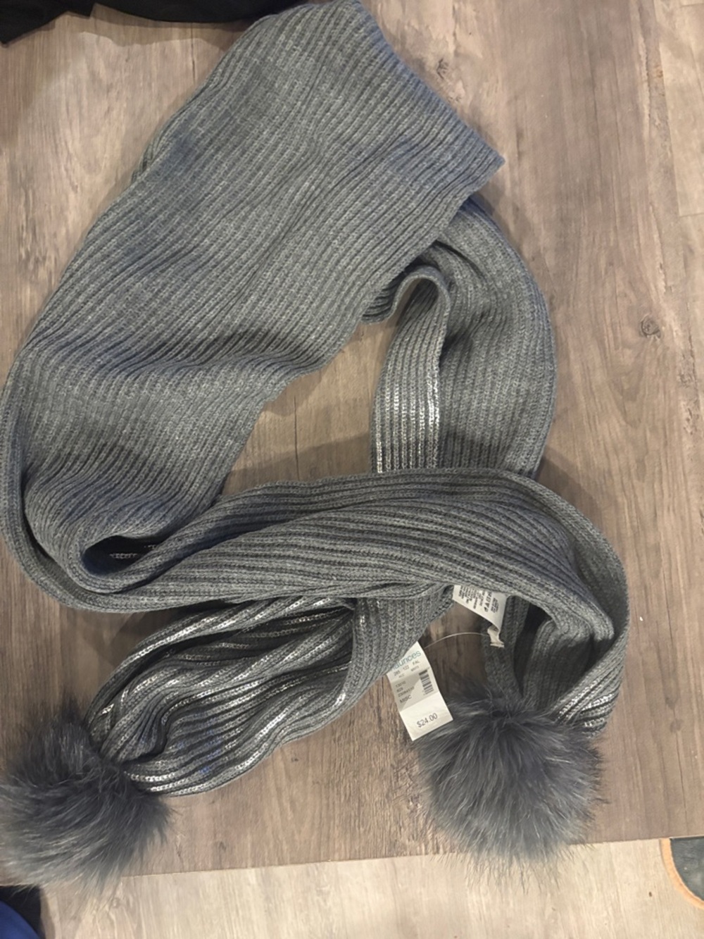 Maurices Gray Ribbed Scarf with Metallic Thread and Pom-Poms